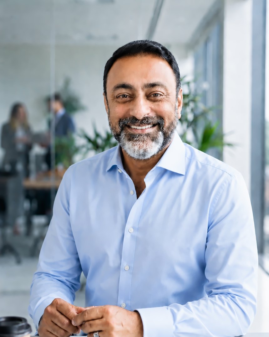 Saqib Khan at his desk in a blue shirt, the solicitor and former county court judge who designed Bracton