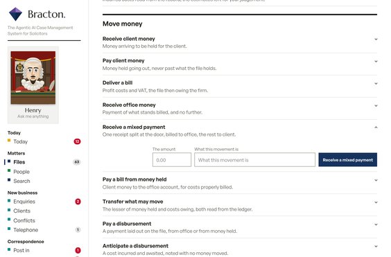 Money moves by named acts, a screen from the working software